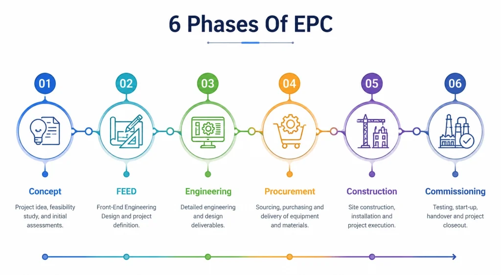 The six phases of the EPC project lifecycle from concept to commissioning