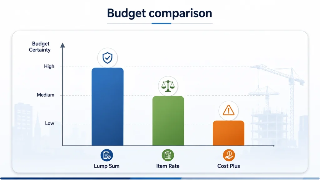 Budget certainty comparison chart for lump sum item rate and cost plus contracts