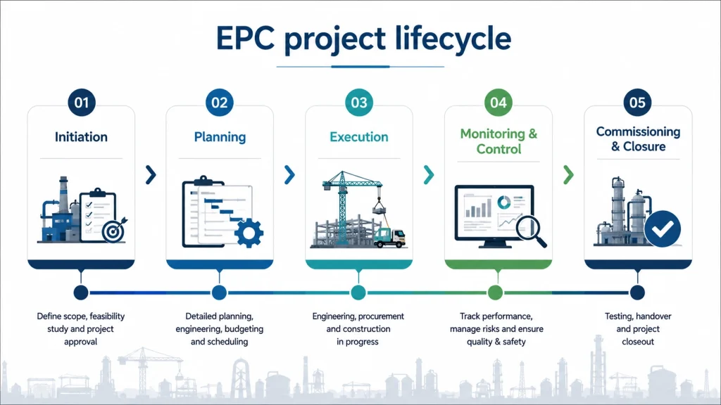 Five phases of EPC project lifecycle from initiation to commissioning