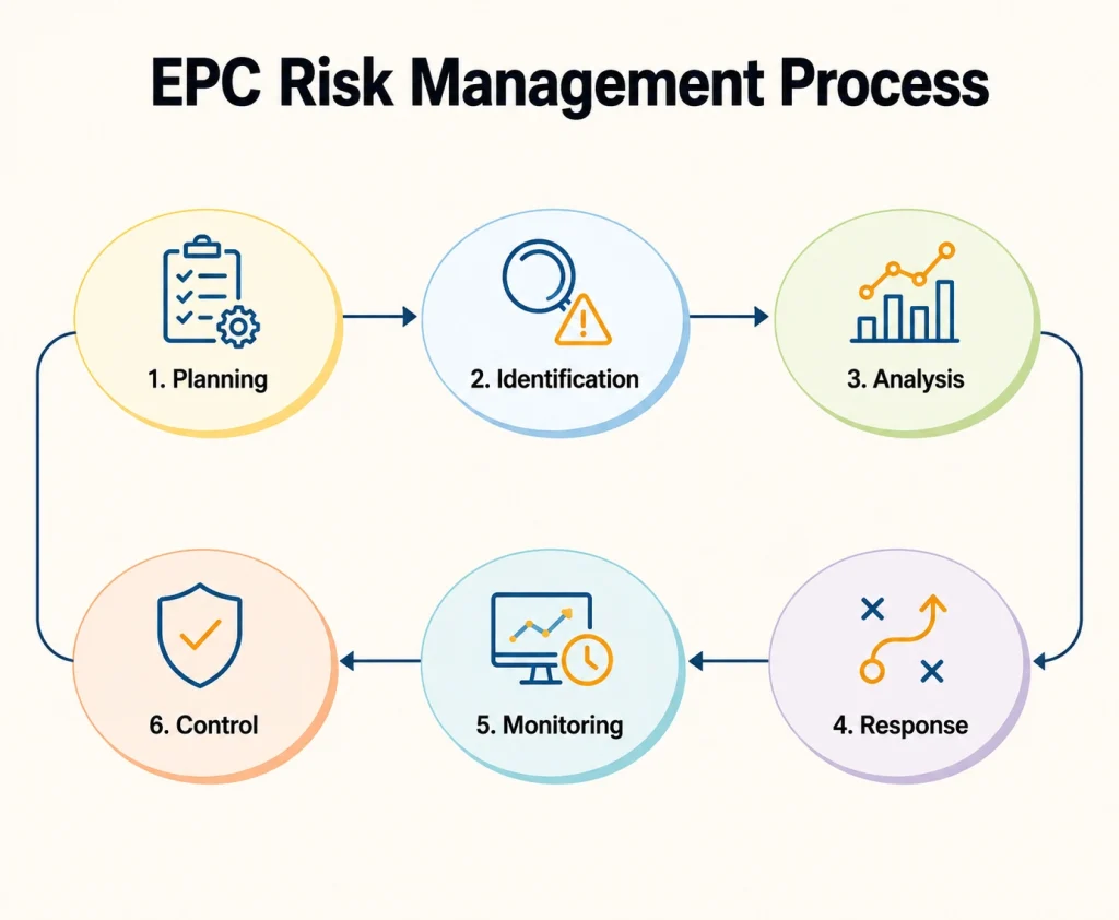Minimal infographic showing the six-step EPC project risk management lifecycle