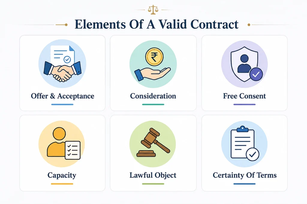 Essential legal elements required for a valid contract under Indian law