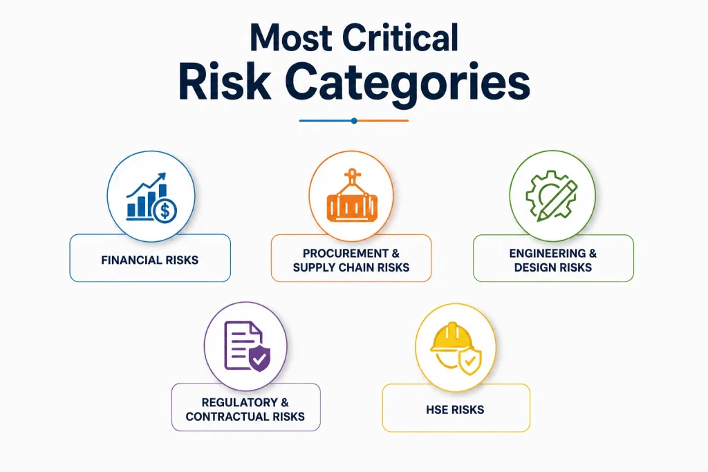 Premium EPC infographic showing financial, procurement, engineering, contractual, and safety risk categories in large industrial projects