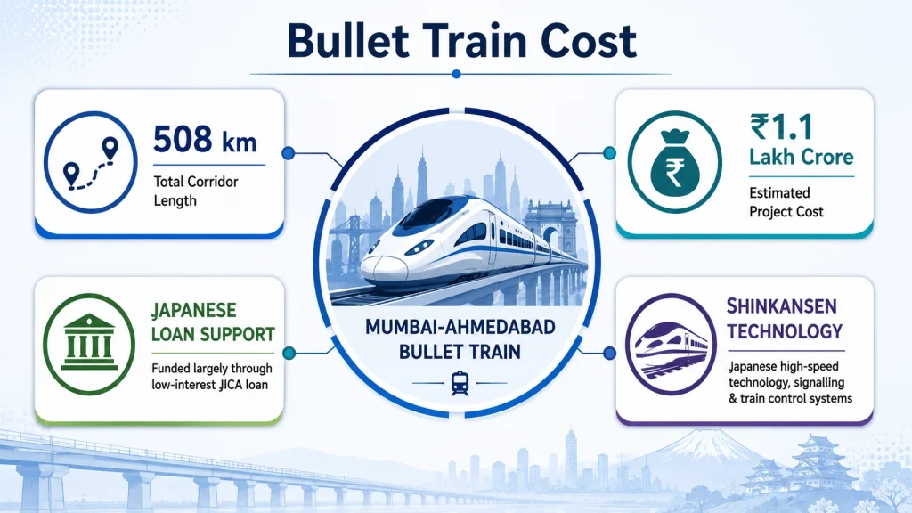 Quick facts about India's first bullet train project including route length and estimated cost.