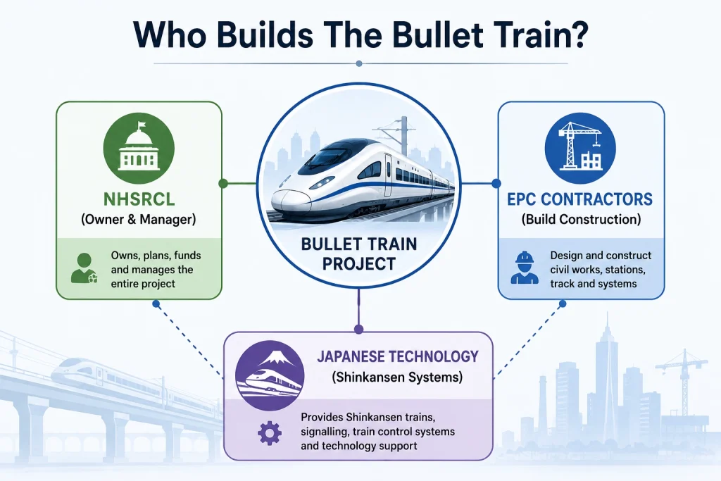 Diagram showing NHSRCL, EPC contractors and Japanese technology partners involved in the bullet train project.